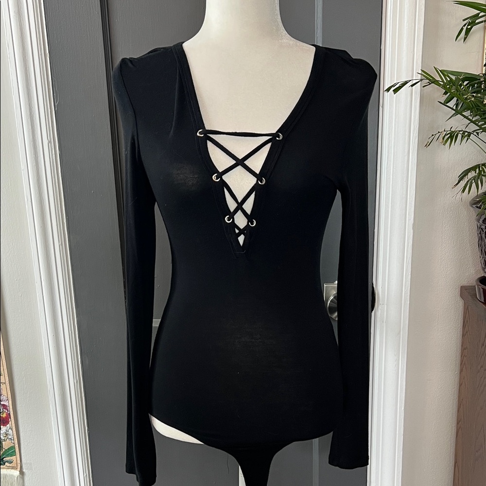 Wet Seal Black Lace-Up Front Bodysuit